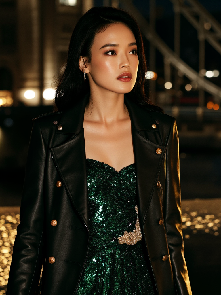 Appearance: A girl with a classic beauty, her eyes large and expressive, and her skin flawless. Her hair cascades in loose waves, adding to her elegant presence.Clothing: She wears a flowing, sequined evening gown in a deep emerald green. Over the dress, she wears a structured, black leather jacket with gold buttons, adding a touch of modernity.Action: She stands on the Tower Bridge, her gaze fixed on the River Thames below. Her posture is poised and graceful, exuding an air of sophistication.Scene: The Tower Bridge stands majestically in the background, its historic architecture contrasting with her glamorous outfit.Lighting and Style: Soft, ambient lighting from the bridge's lamps casts a gentle glow on her dress, highlighting the sequins and the texture of the leather jacket. The image is captured in a realistic style, capturing the grandeur of the bridge and the elegance of her attire. There are wonderful studio lights and various reflections,her thin face is very delicate,
18yo beautiful cute asian girl with blushing and female orgasm,looking at viewer,she skin is naturally showing the texture of blood vessels and detailed pale skin,
--,
--,<lora:Hsu_Chi_majicf1_rank2_bf16:1>,she is Hsu Qi,a super model,
--,
--,