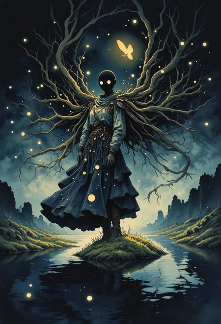 Studio Ghibli Dark Fairytale, intricate cyborg, Portrait of a female robotic entity with long, trailing willow branch hair swaying gently in the air, black hollow eerie head, no face, dark moody, hidden glade at twilight, fireflies glowing softly around her, reflections in the water,
a fusion of nature and lost technology, subtle clockwork movements, glowing golden circuitry woven through her wooden frame, a soft hum of forgotten lullabies in the wind, melancholic yet beautiful, her hollow face absorbing all light