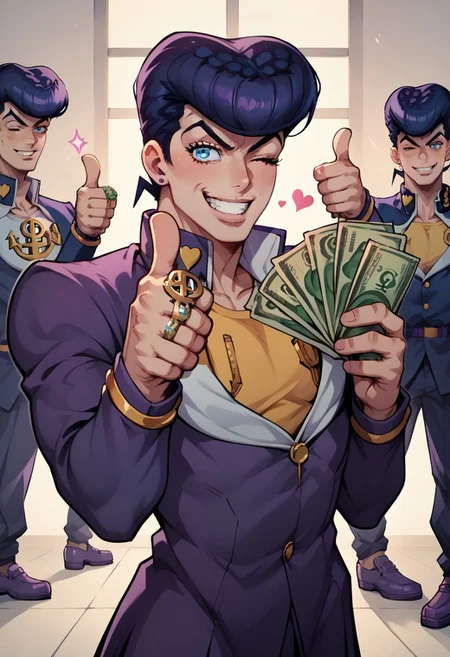 zPDXL, score_9, score_8_up, score_7_up, score_6_up, score_5_up, source_anime, 4k, absurdres, Josuke Higashikata, Pompadour, stud earrings, Josuke Higashikata, blue eyes, gakuran, school uniform, anchor symbol, heart symbol, peace symbol, purple shoes, fit, zippers, gangstersb, thumbs up, one eye closed, grin, smile, money, holding money, portrait, cropped torso