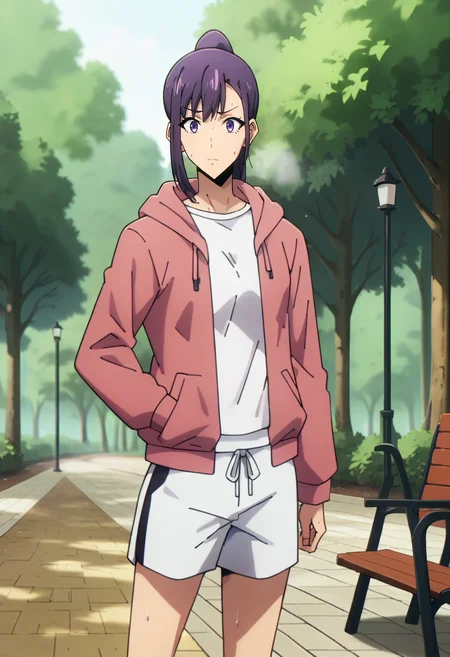 score_9, score_8_up, score_7_up,
<lora:SoloLeveling_SungJinahXL:0.8>, SungJinahSL,
1girl, solo, closed mouth, sweat,
purple hair, purple eyes, ponytail,
JinahJogging, white shirt, white shorts, hooded jacket, pink jacket, black leggins,
standing, looking at the viewer,
outdoors, tree, forest, park