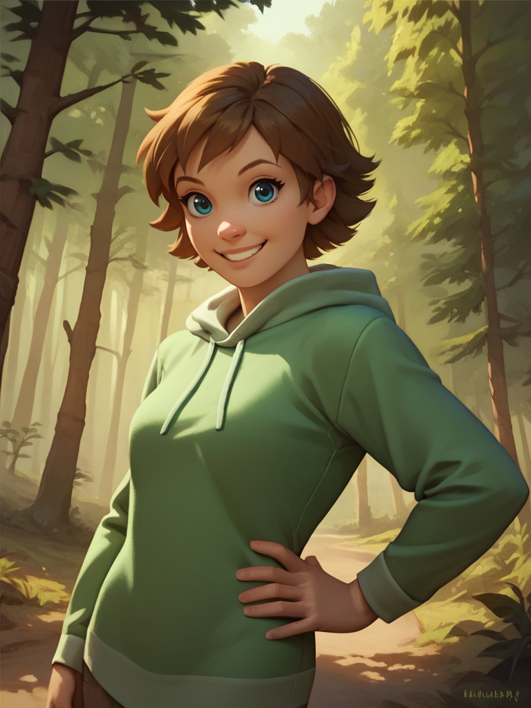 score_9, score_8_up, score_7_up, 1girl, looking at viewer, cowboy shot, dynamic pose, cute, solo, dutch angle, forest, vegetation, smile, :D, detailed background, hand on hips,
cartoon  <lora:WitchAlchemy_character:0.85> AlchemyWitch, brown hair, green eyes, short hair, green hoodie,