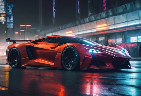 detailed super sport car, sharp edges, sharp focus, close-up, futuristic, <lora:Cbebop-background:1.5>, high quality, high resolution, art by Cain Kuga, night, breathtaking scenary, high-tech, cyberpunk, volumetric lighting, (long exposure:1.5), speed effect, raining,
