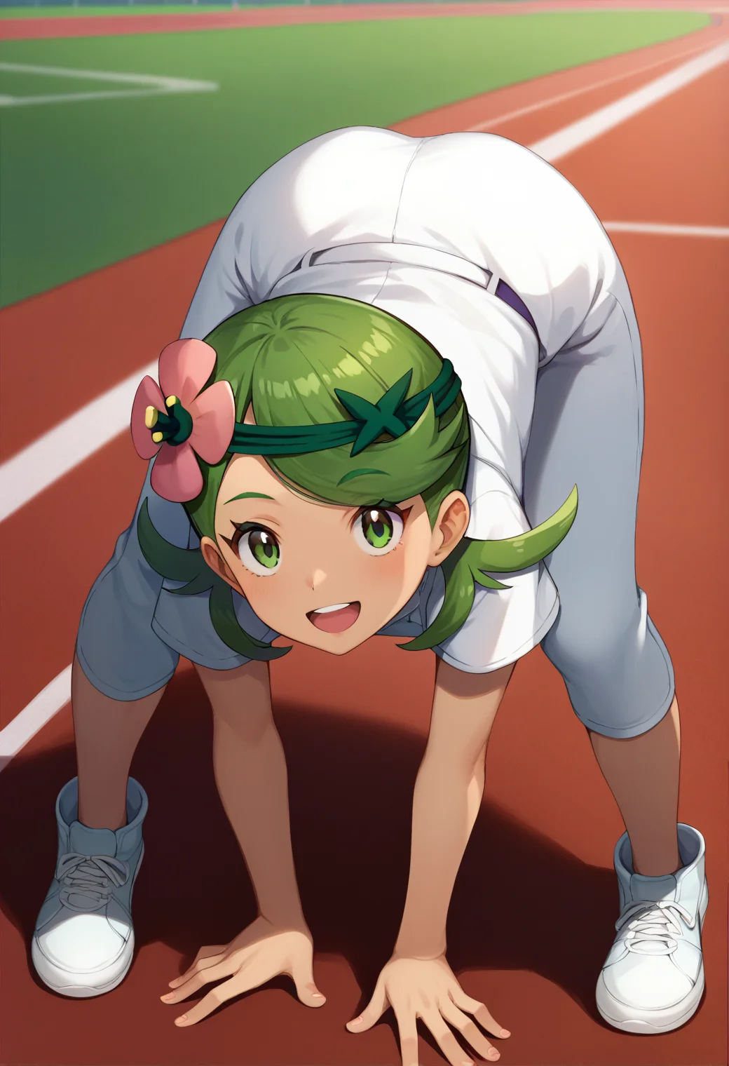 <lora:downward_dog_ponyxl_DoRA_v2:1>, downward dog, bent over, top-down bottom-up, full body, 1girl, solo, :d, open mouth, smile, front view, looking at viewer, track and field, legs apart,
mallow \(pokemon\), green eyes, green hair, hair flower, white baseball uniform, white pants, sneakers,
score_9, score_8_up, score_7_up, score_6_up, anime, rating_safe