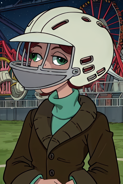 CousinBleh,green eyes, 
white football helmet with mouthguard,  closed coat, turtleneck, 
amusement park,  night, 
solo,
standing,  upper body, 
(insanely detailed, beautiful detailed face, masterpiece, best quality)  <lora:CousinBleh-104.5:0.8>