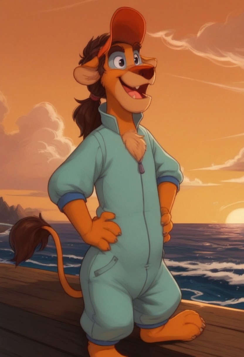 score_7, score_8, score_9, dynamic lighting, detailed background, background is ship dock, dock, (stacked crates), ((ocean)), boats, mountains in distance, ((outdoors)), clouds, sunny, (close up), cowboy shot,
BREAK 
Solo, 1boy, ((anthropomorphic)), furry male, Wildcat, yellow fur, two tone fur, brown hair, hair in ponytail, animal nose, black eyes, slender, animal ears, yellow ears, (yellow tail), feet claws, snaggle tooth, ((light blue around eyes)), fluffy fur, fluffy eyebrows, (fang), chest fur tuft,
BREAK 
standing, eyes closed, ((laughing)), jumpsuit, hat, hands on hips,