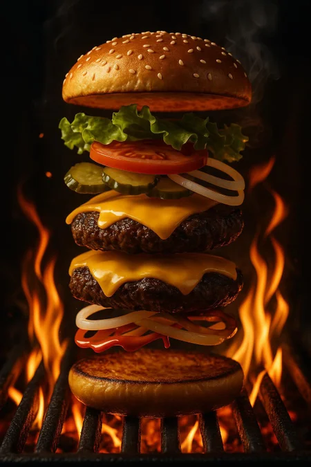 Professional food advertising shot. Ultra-detailed 3D render of double cheese burger, deconstructed and mid-fall, with ingredients dynamically suspended as if collapsing into a stacked burger. Top sesame seed bun slightly tilted, smashed steak pickels cheeses oignon salade  tomato folding in air, grilled  tumbling, charred-edged patty falling fast, and a glossy bottom bun rising slightly beneath. Each layer lit by flickering open flames over glowing cast iron grates, with dramatic highlights and firelight reflecting off sauces. Smoke curls through the scene, cinematic product lighting, shallow depth of field, photorealistic textures and bold contrast