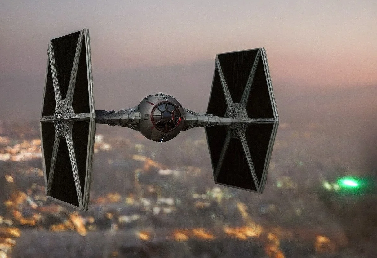 TIE fighter a star wars tie fighter flying through a city,military,no humans,night,star (sky),flying,science fiction,realistic,aircraft,space,vehicle focus,spacecraft , star wars style, battle, laser beam from tie fighter, green weapon, burstfir, shallow depth of field, vignette, highly detailed, high budget, bokeh, cinemascope, moody, epic, gorgeous, film grain, grainy