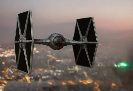 TIE fighter a star wars tie fighter flying through a city,military,no humans,night,star (sky),flying,science fiction,realistic,aircraft,space,vehicle focus,spacecraft , star wars style, battle, laser beam from tie fighter, green weapon, burstfir, shallow depth of field, vignette, highly detailed, high budget, bokeh, cinemascope, moody, epic, gorgeous, film grain, grainy