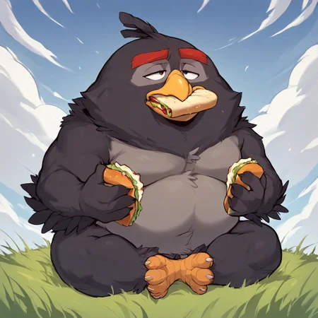 bomb_bird, score_9, score_8_up, score_7_up, score_6_up, score_5_up, score_4_up, source_furry, hi res, sfw. 2D artwork
black avian, black plumage, large size, spherical body, grey belly, chubby, beak, head tuft, red eyebrows, short beak, large beak, feathered hands, winged arms, stubby legs. small eyes
Eating, eating a sandwich, holding an object, holding food, eating, relaxed expression, sitting, sandwich on mouth
Grass, blue sky, clouds.