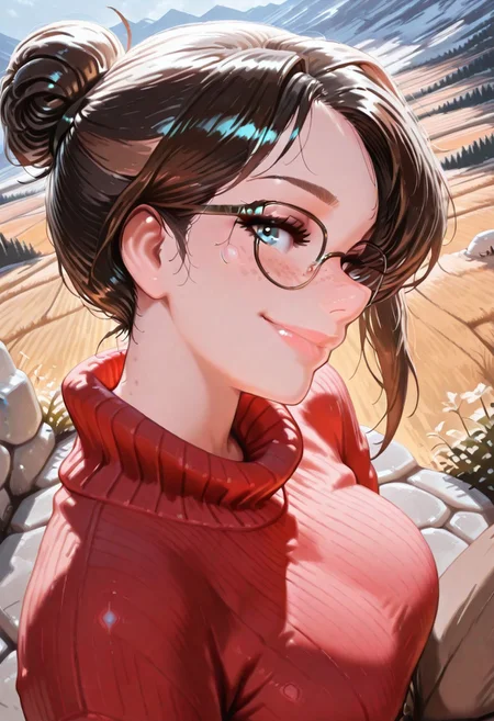 masterpiece, best quality, 32k, high resolution, absurdres, dynamic lighting, HD32k, masterpiece, 1girl, Nadia, NadiaRH, glasses, , portrait, lips, blue eyes, looking at viewer, hair bun, single hair bun, brown hair, freckles, nose, eyelashes, black hair, large breasts, red sweater, turtle neck, brown pants, posing cute, outdoors, shy smile, focus on face, sitting on a stone wall, profile, looking at the viewer, crossed legs, aesthetic, detailed, mountain landscape, urban scenario