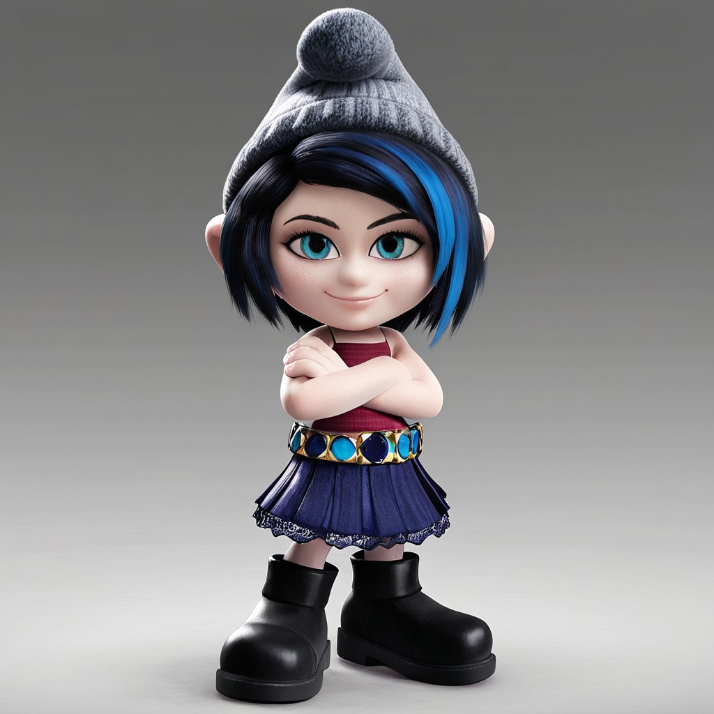 1girl, solo, 3d, vexy, short black hair with a blue streak gray beanie, a sleeveless top, a dark blue skirt with a decorative belt, and black boots, standing, looking at viewer, smiling, arms crossed, closed mouth
