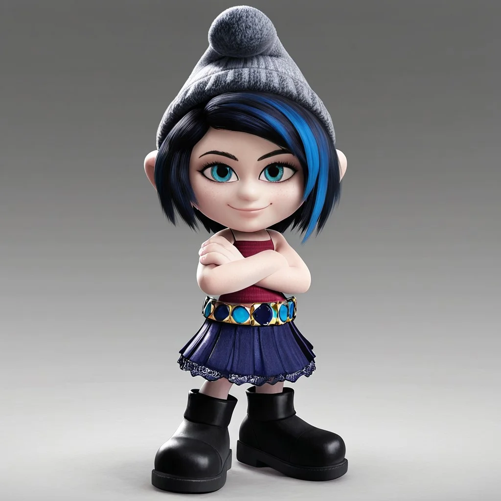 1girl, solo, 3d, vexy, short black hair with a blue streak gray beanie, a sleeveless top, a dark blue skirt with a decorative belt, and black boots, standing, looking at viewer, smiling, arms crossed, closed mouth
