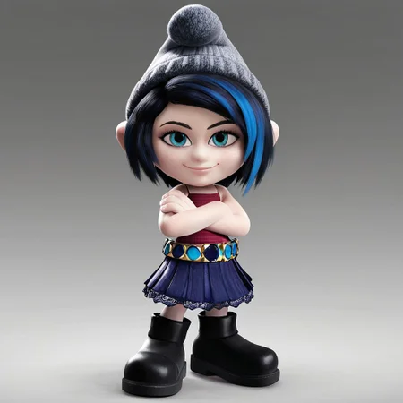 1girl, solo, 3d, vexy, short black hair with a blue streak gray beanie, a sleeveless top, a dark blue skirt with a decorative belt, and black boots, standing, looking at viewer, smiling, arms crossed, closed mouth