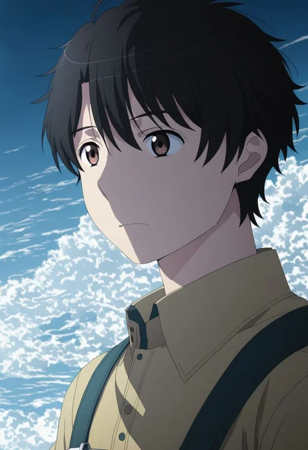 high resolution, solo, best quality, 1Boy, Inaho Kaizuka, Black Hair, Brown Eyes, existential longing, infinite sky, OverallDetail