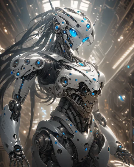 full_body, 1girl, mecha, glowing blue eyes, cute, biomechanical, complex robot, interior spaceship background in bokeh, hyper realistic, hyper detailed, intricate, insane fine details, crisp focus  <lora:compb0t:0.8>