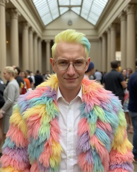 <lora:ck-LttleGhost-000011.safetensors:1> in the style of ck-lttlegh0stA adult person wearing a bright rainbow-colored fur stole stands out against a blurred British Museum backdrop. Their hair is dyed in pastel shades of yellow, blue, pink, and purple, and they wear glasses perched on their nose. A white shirt is visible underneath the stole, adding to an overall playful yet daring appearance. The image exudes a bold, avant-garde style that defies convention.