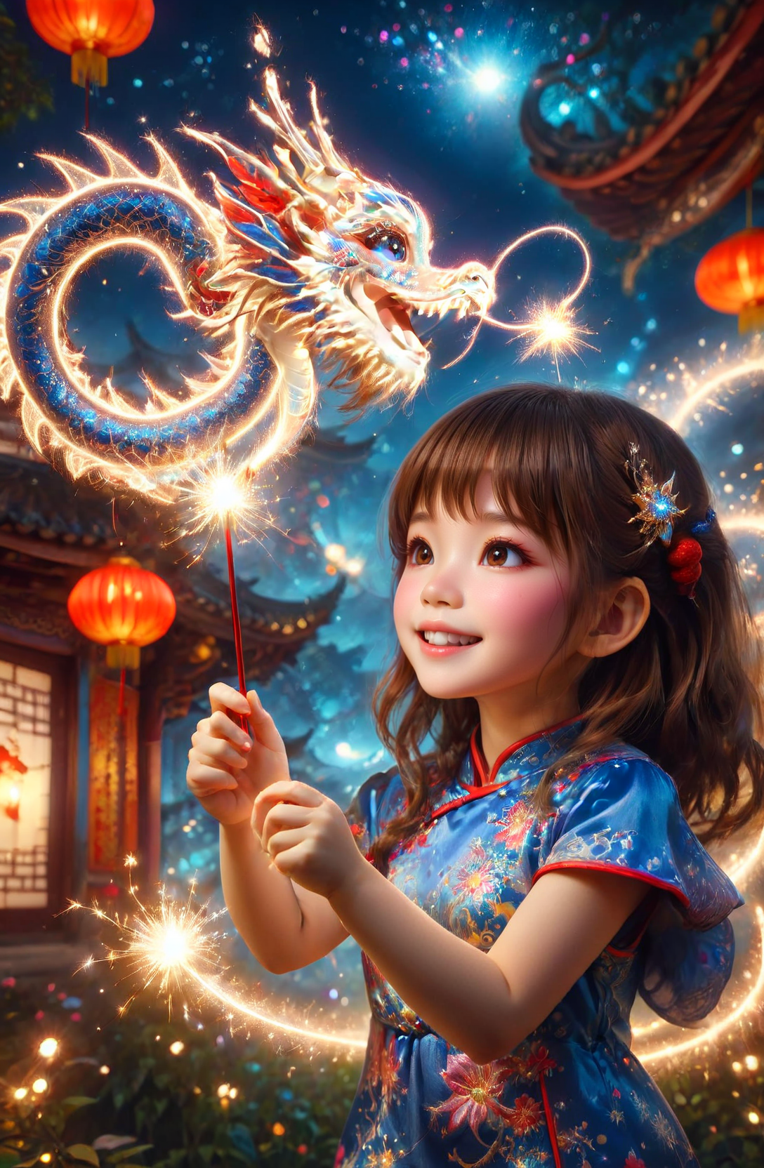 amazing quality, masterpiece, best quality, hyper detailed, ultra detailed, UHD, DOF, depth of field, HDR, perfect anatomy
solo, cute, kawaii, brown hair, joyfully plays with fairy wand, waving it in the air, red lantern, wearing  blue cheongsam, milky way,
a small cfc-spark-dragon above the fairy wand, translucent, dazzling, shine, sparking, trajectory of sparks,
<lora:cfc-spark-dragon-000006:0.75>, 
<lora:ral-lnrnwyr-sdxl:0.5>, ral-lnrnwyr,
<lora:add-detail-xl:0.75>,
<lora:extremely_detailed:0.75>, extremely detailed,
<lora:EnvyBetterHiresFixXL01:1.0>, 
<lora:DonM3t3rn1tyXL-v1.1-000008:0.7>, DonM3t3rn1tyXL,
 SK_Fantasy,