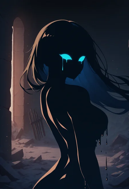 masterpiece, best quality, newest, absurdres, highres, 1girl, solo, upper body,(silhouette:1.2),monochrome background,ruins,debris,iron bars,translucent skin,colored sclera,floating hair,no mouth,glowing eyes, blue eyes, no pupils, dim lighting,shadow,dark,goo,(dripping:1.2),indoors,dust,(reaching:1.2),(clenched hand:0.75), smoke,black hair,twisted torso,turning head,(from side:0.75),breasts,(mature female:1.25),long hair