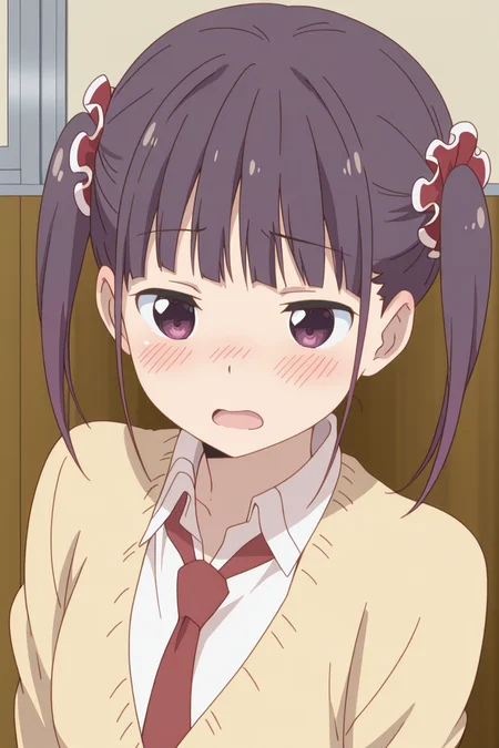 masterpiece, best quality, amazing quality,
<lora:Shizuku_IL:1> shizuku, 1girl, twintails, solo, purple eyes, blush, school uniform, purple hair, necktie, anime coloring, hair ornament, open mouth