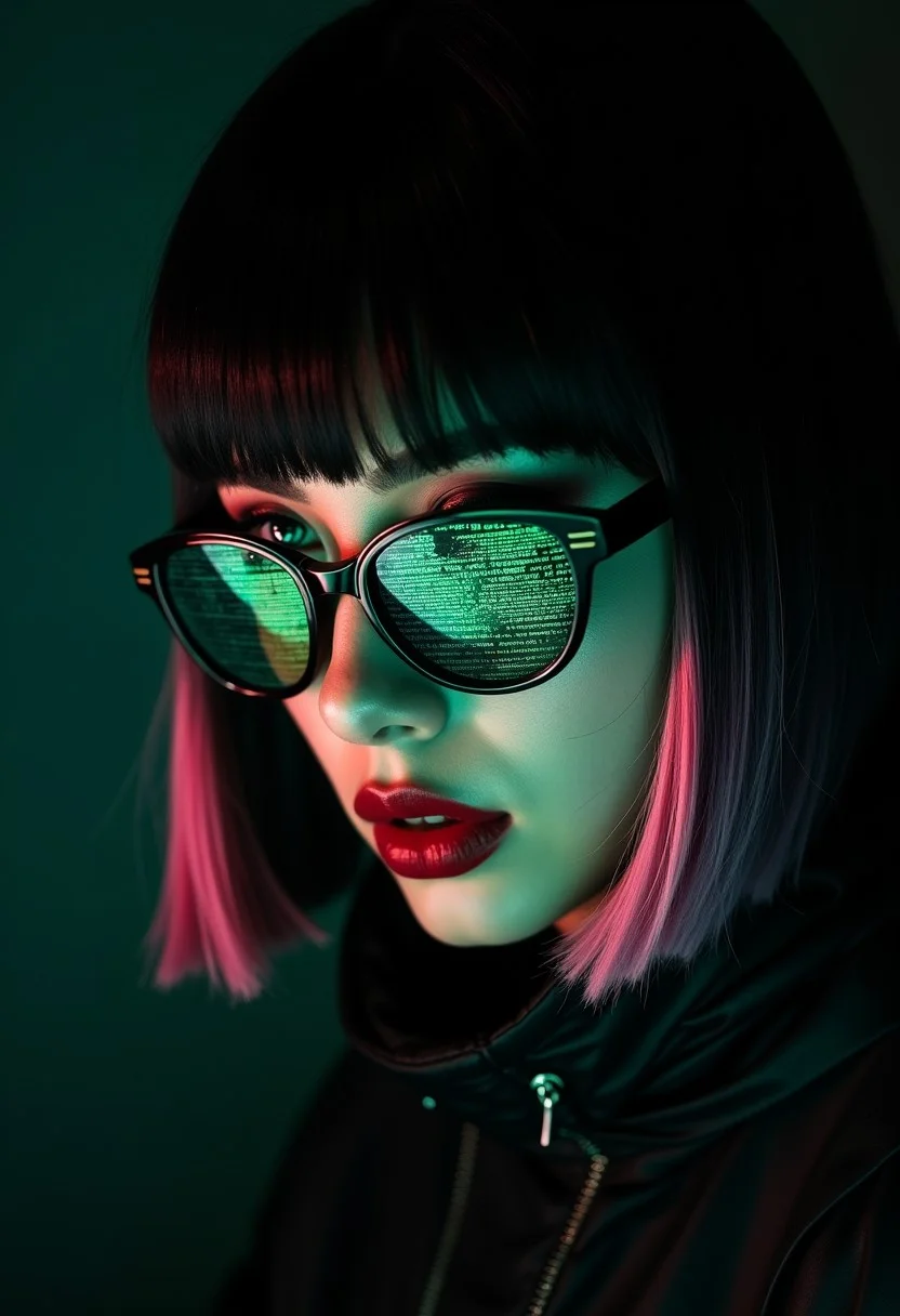 extreme closeup of Stunning female cyberpunk hacker, straight-cut two-tone hair, black with pink highlights, bangs, futuristic glasses or visor, dark eyeshadow, red lips, looking at an unseen computer screen, her glasses reflecting green mirrored, reversed ASCII analog text on a black background, Perfect Composition, realistic photographic image, RAW photo highest quality, perfect directional lighting