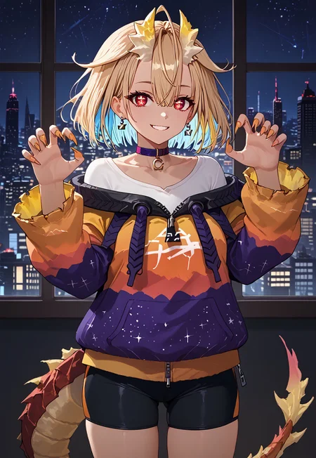 1girl, solo, solo focus, highres, absurdres, Nasa1st, choker, short hair, red eyes, multicolored hair, blonde hair, blue hair, bangs, collarbone, claws, long sleeves, hair between eyes, off shoulder, dragon girl, dragon horns, dragon tail, earrings, jacket, zipper, shirt, bike shorts, multicolored clothes, colored inner hair,

looking at viewer, smile, hands up, claw pose, 

window, cityscape, neon lights, shade, night, night sky, dark, backlighting,