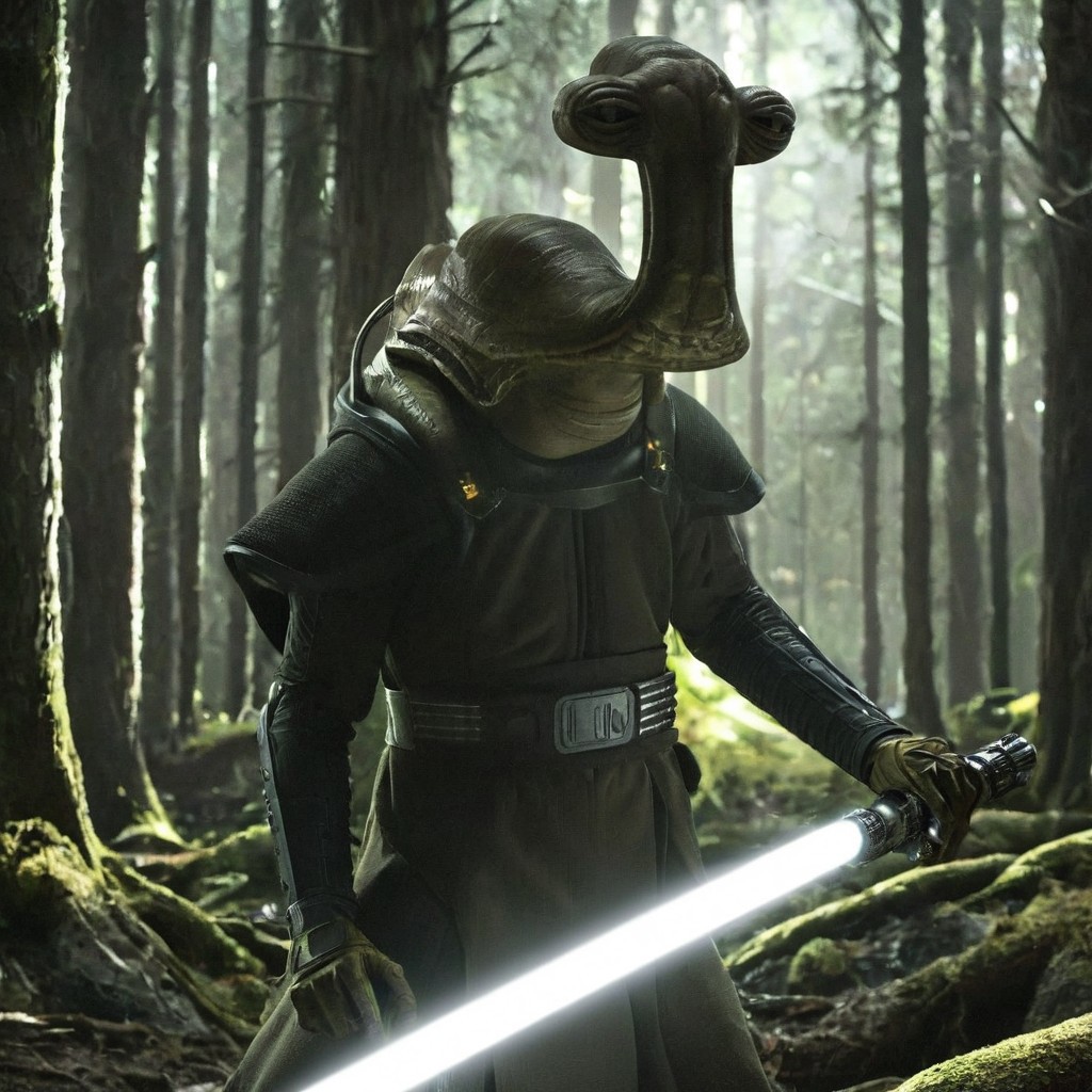 cinematic film style star wars style of an ithorian hammerhead alien, dynamic, moody, darkness, shadows, dark, sinister, pitch black, highly detailed, (Alien biomechanical futuristic cybernetic forest inside of a spaceship in background), shining heavy white armor, holding long brilliant glowing light saber, IMAX,