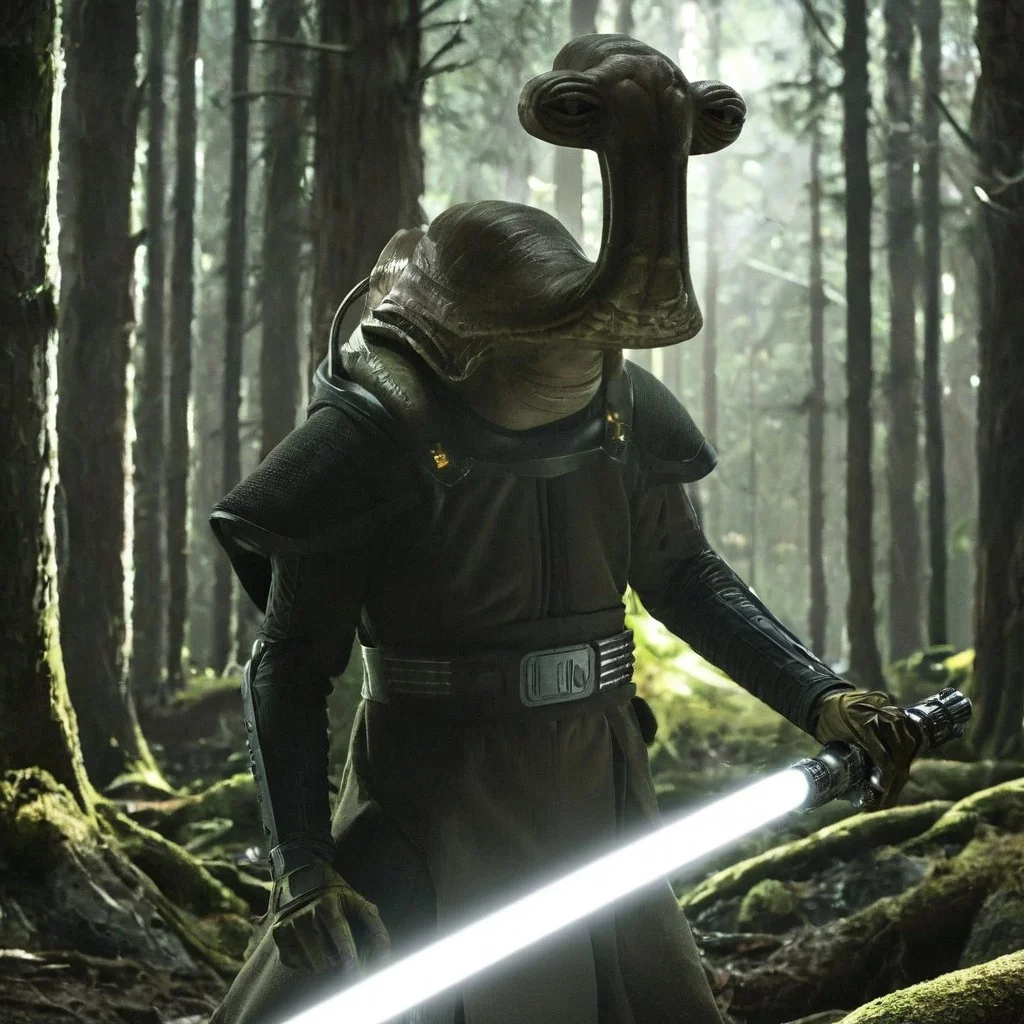 cinematic film style star wars style of an ithorian hammerhead alien, dynamic, moody, darkness, shadows, dark, sinister, pitch black, highly detailed, (Alien biomechanical futuristic cybernetic forest inside of a spaceship in background), shining heavy white armor, holding long brilliant glowing light saber, IMAX,