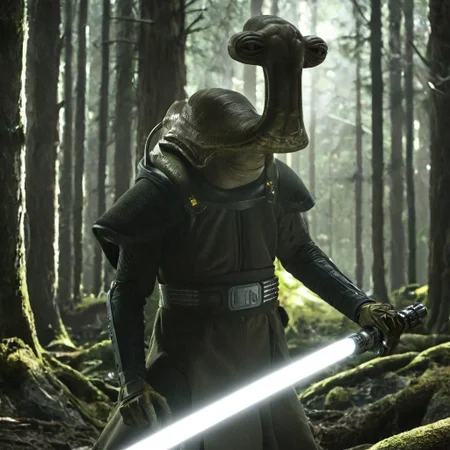 cinematic film style star wars style of an ithorian hammerhead alien, dynamic, moody, darkness, shadows, dark, sinister, pitch black, highly detailed, (Alien biomechanical futuristic cybernetic forest inside of a spaceship in background), shining heavy white armor, holding long brilliant glowing light saber, IMAX,