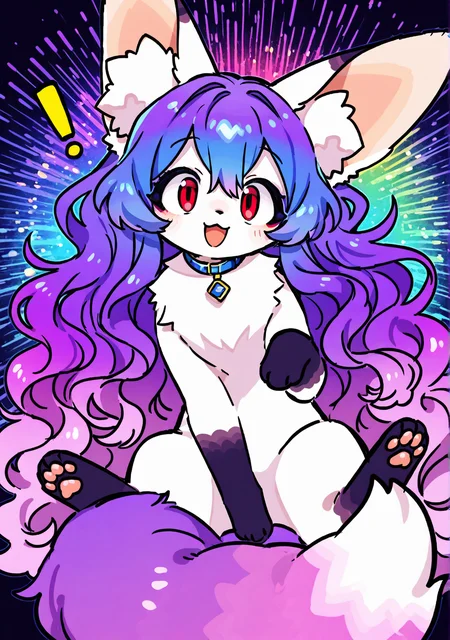 trpbb, eyeliner, tareme, thick eyelashes, solo, furry female, red eyes, pawpads, paws, fox tail, fox ears, ear fluff, body fur, collar, :3, :d, (very long hair, wavy hair, cobalt hair, purple hair, gradient hair), abstract background, colorful exclamation point,
masterpiece, best quality, amazing quality