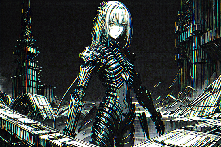 highly insanely detailed, masterpiece, top quality, best quality, highres, 4k, 8k, RAW photo, (very aesthetic, beautiful and aesthetic),  
tsutomu nihei,nihei_tsutomu,blame!,blame gakuen!,abara,TNstyle,sidonia_no_kishi,(tower,lab),vast scenery,perspective,science fiction,dystopia,destroyed,decrepit,no human,biomachine,bioluminescence,futuristic,empty,cyberpunk,flock, 
<lora:ABARA:0.3>, 
(1girl:1.3), 
solo focus, 
dirty alley,pure purple background,pure black background,pure cyan background,(colored geometric background),âââ