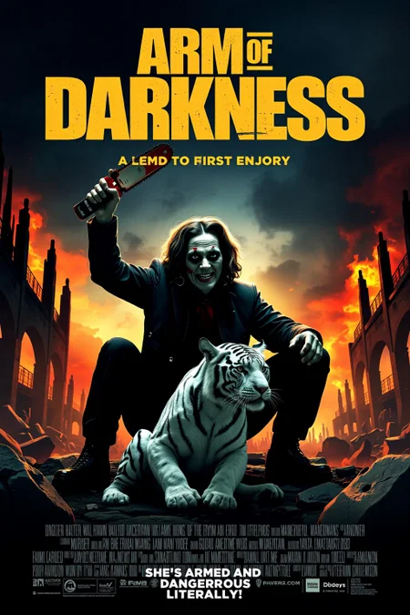 mvpstr. Epic movie poster for 'Arm of Darkness' featuring a zombie wielding a massive chainsaw, A fierce zombie  white tiger sits beside her, adding a touch of absurdity. The scene has a chaotic, apocalyptic vibe, with destroyed ruins and exaggerated fire in the background, giving the whole image a comically intense and action-packed feel.  At the top, in bold 80s action movie font, add the title 'Arm of Darkness.' Beneath the title, include the tagline: 'She's armed and dangerous...literally!'"
 <lora:schnell_v1.0:1.0> <lora:EpicMoviePoster-000015:0.8><lora:790481116134914490:0>