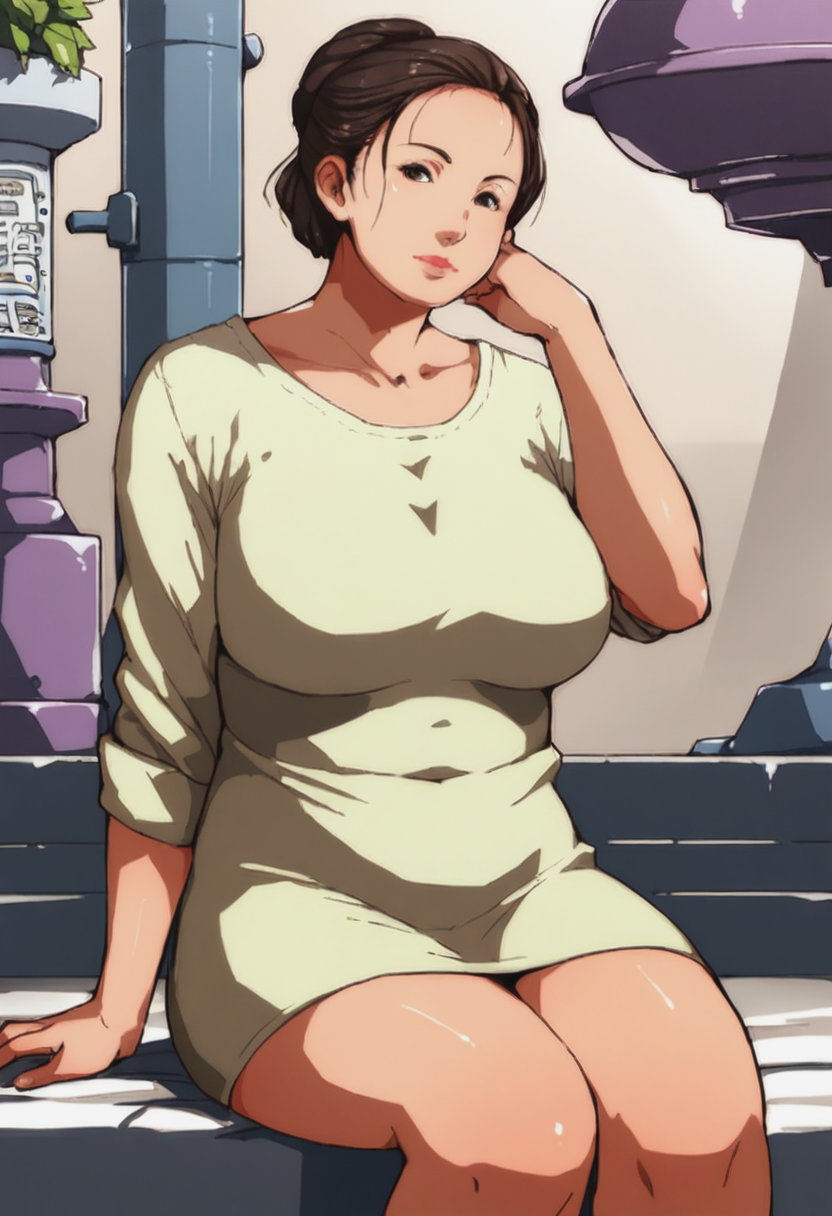 score_9, score_8_up, score_7_up, 1girl, large_breasts, mature_female, portrait, solo, looking_at_viewer, open_eyes, Sitting with legs outstretched, hands on ankles, fisheye, (Black miniskirt), pointy hair, French pleat, Dark Brown hair, cooling tower, cowboy_shot, rating_safe, <lora:pony\artist_styles\ganto_pony:1.0>