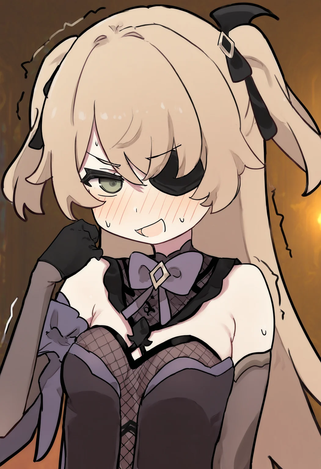 <lora:Illustrious_Nawakena_Style:1>, nawakenastyle, 1girl, fischl \(genshin impact\), gloves, two side up, solo, eyepatch, blush, black gloves, open mouth, sweat, smile, blurry background, long hair, trembling, bangs, hair ribbon, bare shoulders, ribbon, upper body, depth of field, green eyes, :d, indoors, grey eyes, detached sleeves, hand up, looking at viewer, blonde hair, nose blush, bow, hair over one eye, smug, light brown hair, one eye covered, v-shaped eyebrows, black ribbon, hair between eyes, elbow gloves, very awa, masterpiece, best quality, newest, highres, absurdres,