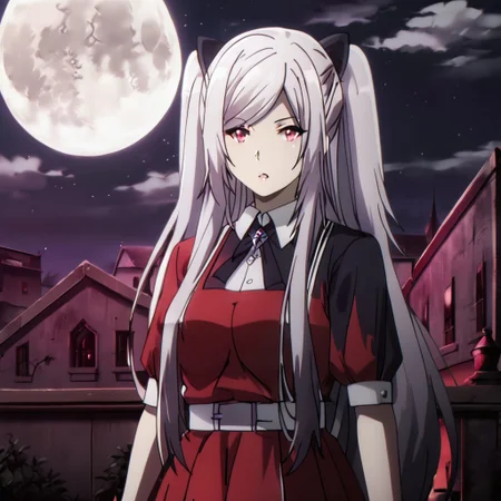 Black hair ribbon, gray hair, long hair, twintails, red eyes, large breasts, two side up, single hair bun, ponytail, wearing a gothic-style black and red dress with lace details, standing in an eerie graveyard with mist and tombstones, full moon in the background, dark and mysterious atmosphere