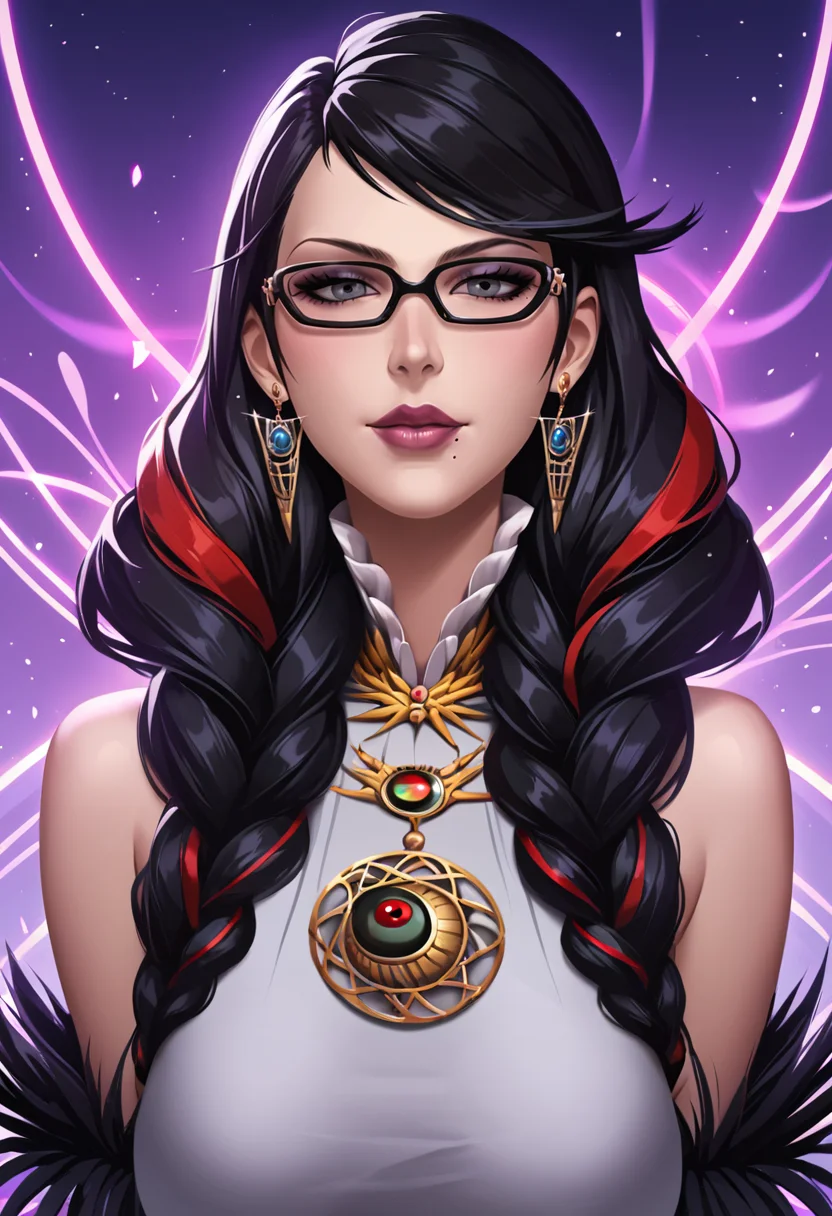 PonyXLV6_Scores,source_anime,masterpiece,best quality, highly detailed,cinematic,unity 8k wallpaper, amazing quality, masterpiece, best quality, UHD, perfect anatomy,
BREAK
<lora:bayonneta:0.8>cereza,1girl, mole under mouth, breasts, glasses, jewelry, solo, earrings, streaked hair, mole, black hair, twin braids, bayonetta, red hair, braid, large breasts, multicolored hair, makeup, necklace, looking at viewer, long hair, eyeshadow, lipstick, nail polish, lips,night,upper body,dress,