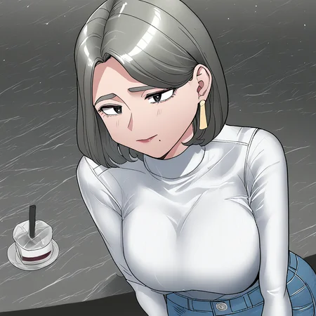 score_9, score_8_up, score_7_up, ASCII masterpiece, source_anime, BREAK, 1girl, solo, (( <lora:keep_it_a_secret_from_your_mother_style:1> , keep_it_a_secret_from_your_mother_style , the_story_of_how_i got_together_with_the_manager_on_christmas, thin waist, wide hips, beautiful skin, beautiful dark grey eyes, clear eyes, bright pupils, beautiful eyes, beautiful dark grey hair, beautiful medium bob haircut, huge and shaggy breasts, natural beauty, extraordinary beautiful woman, attractive woman, super sexy woman, lustful body, sexy woman with seductive obscene body, sensual body, voluptuous body, sexy beauty, most beautiful milf, no piercings, no piercing, )), ((1mole under right eye, )) , makeup, gold earrings, ((long sleeves light grey sweater, gold earrings, denim pants,)) , indoors, shiny clothes, shiny skin, bar, nightclub, classy decorations, cowboy shot, from above, looking at viewer, hands behind back, (detailed face, detailed eyes), delicate features, soft lighting, seducative smile, cute and sexy, very detailed, high detailed texture, uncensored, rare view,