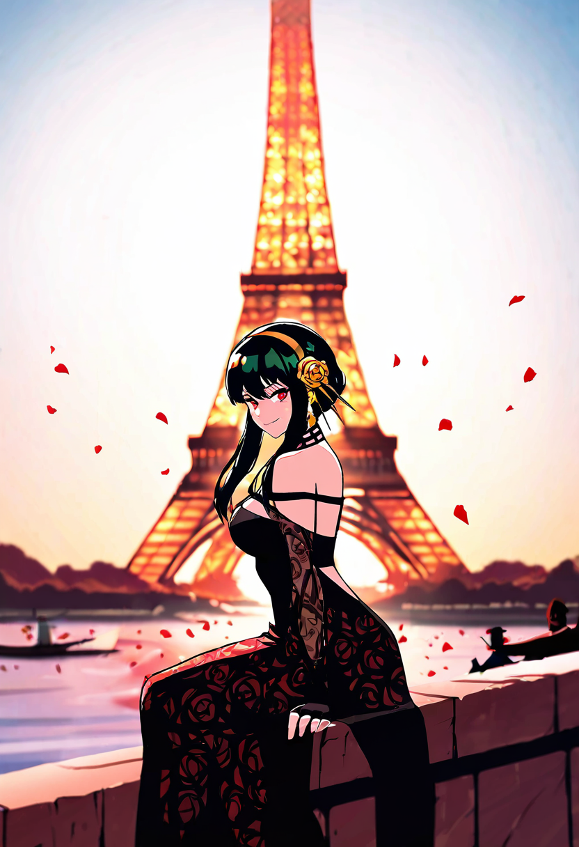 masterpiece, best quality, medium breasts, (curvy),   BREAK, Yor Briar, Yor Forger, 1girl, black hair, red eyes, short hair with long locks, gold hairband, hair flower, black choker, black dress, sleeveless, off shoulder, floral print, fingerless gloves,  <lora:EiffelTower_NAI:1.0>,  zzEiffelTower in background,  sitting, watercraft, boat, sitting on wall, side view, looking at viewer, smile,,, blooming stars, luminescent petals, otherworldly fragrance blurry background,