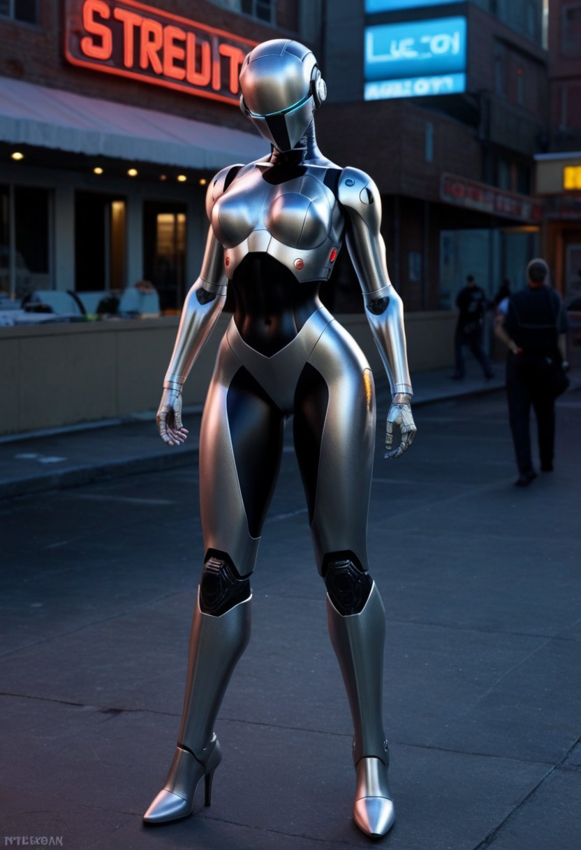 A sleek futuristic scene, a female robot in a form-fitting white armored suit with vivid blue accents, wearing boots, she is exuding a sense of femininity, standing in the street in a futuristic utopian city,, curvy hips, narrow waist, slim shoulders, feminine arms, medium sized breasts, metallic skin, robotic joints, metallic paint, no bellybutton, futuristic city
noface, cyborg
