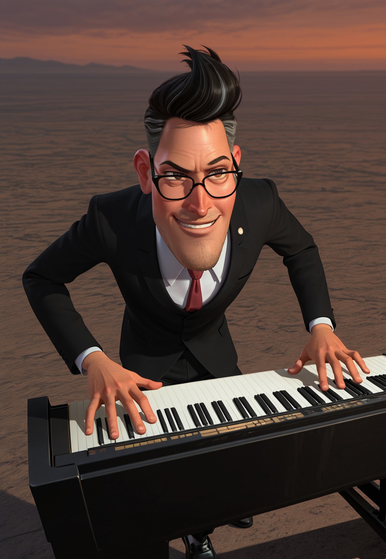 masterpiece, best quality, amazing quality, detailed background, intricate details, dynamic, cinematic, animated, anime realistic shading, solo, male focus, 1boy, handsome, h4thaway, dark hair, two-tone hair, pompadour, brown eyes, glasses, facial hair, stubble, black tuxedo, white shirt, red necktie, lapel pin, black pants, black shoes, abstract background, playing piano, smirk, cocky
