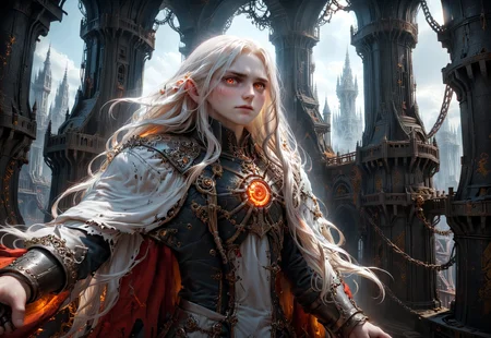 ((Extreme close-up of Alucard with long flowing white hair while standing on a catwalk inside an intricate (floorless tower high above the ground:1.8) with a complex configuration of numerous interlocking gears)),
video game character, vampire, Castlevania, Symphony of the Night, SOTN, glowing rapier, long flowing white hair, radiant lighting, vibrant red cloak, confident, bold, stately, very pale skin, powder white skin, (pale face:2.5), glowing eyes, fiery eyes, v-shaped face, rugged, (grizzled:1.5),
extremely detailed background, floorless tower, interior, interlocking gears, cogs, pendulums, wheels, wooden shafts, mechanisms, (background focus:1.5),
eye catching,
ral-exposure, motion blur, (motion blur fingers, motion blur feet:1.25),
dynamic shot, viewed from the side, distant view,
hyperdetailed realistic illustration, intricately detailed, highest quality, implied motion, motion streaks, motion lines,
BREAK, ultra level of detail and precision in the art, masterpiece, absurdres, mixed media, (lineart:1.6), digtal art, detailed shading, ray-traced,
intense mood, gritty, grimdark,
subsurface scattering, (light leaks, lens flare, crepuscular rays, sunbeams, halo effects:1.3), (broken jagged rainbow optical rings:1.1), global illumination, ambient occlusion, soft shadows, film grain, Dutch angle, cinematic composition, (mystic haze, dusty atmosphere:1.2), HDR, complementary colors, (vibrant colors, colorful palette:1.1), (fisheye lens:1.8),