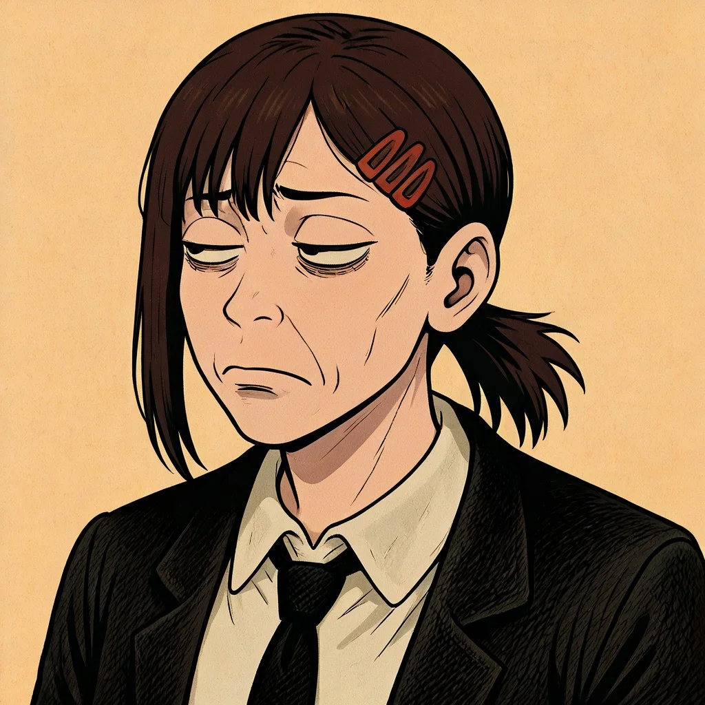 masterpiece, best quality, newest, absurdres, highres, anime, anime style, TSLV1.0, skeptical expression, judgmental look, side-eye, half-closed eyes, tight-lipped, furrowed brow, frown, looking sideways,
1girl, higashiyama kobeni \(chainsaw_man\), brown hair, collared shirt, black necktie, black jacket,