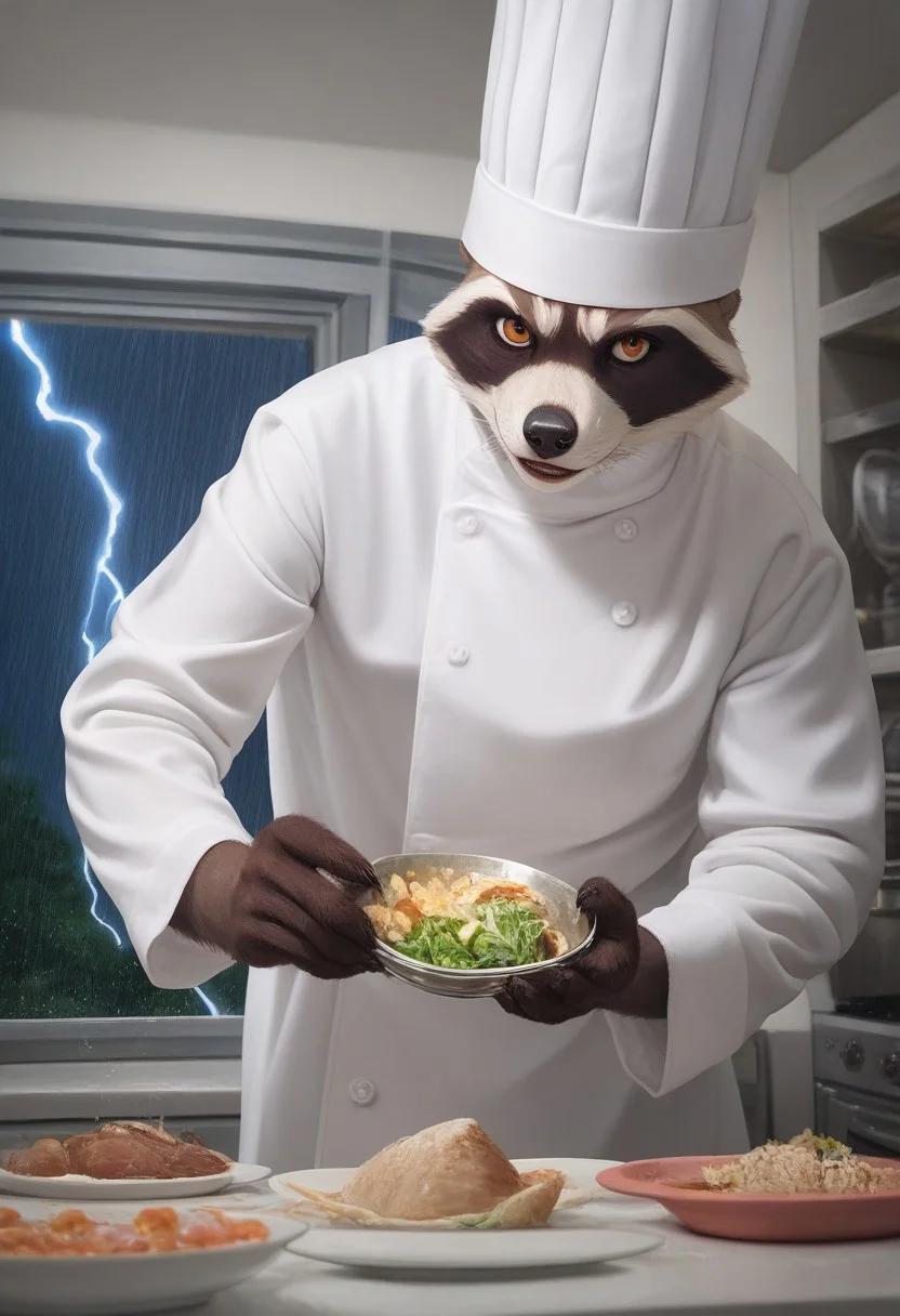 score_7_up, best quality, detailed, studio lighting, realistic, raccoon, chef hat, dish detail, holding, night, rainy, lightning bolt, kitchen