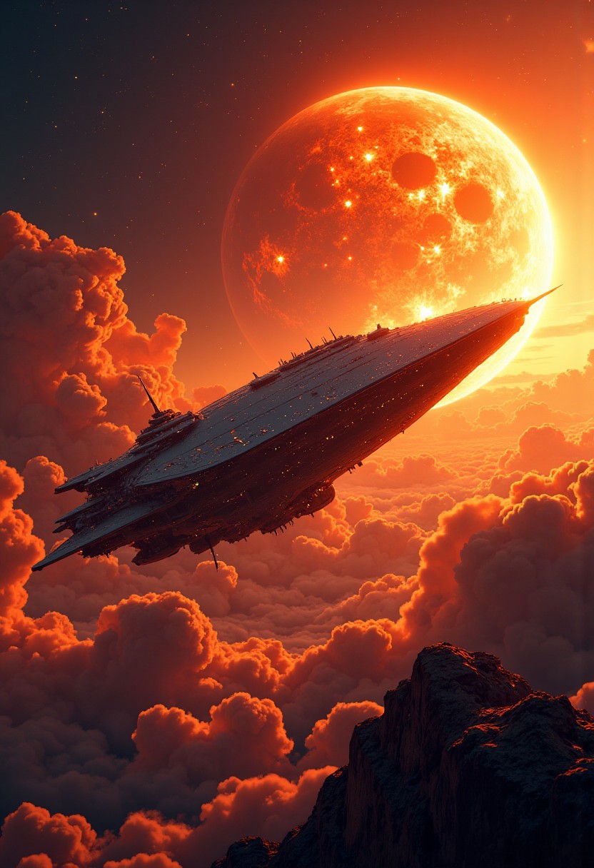 mythp0rt, best quality, masterpiece, large capital spaceship, a supermassive dull sun in the background, cinematic, dynamic photorealistic image, High Definition HD, High Detail, Perfect Composition
