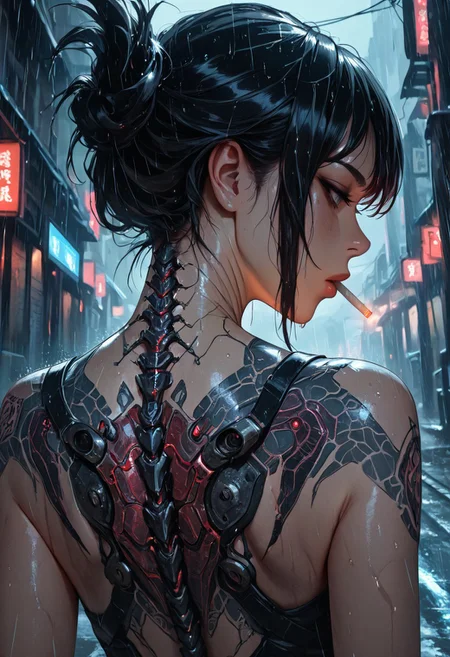 highres, very detailed, amazing quality, masterpiece,
very aesthetic,
particle effect, Cinematic,
1girl, solo, Black hair, hair up, beautiful, exposed shoulders, exposed back, bionic spine, smoking, cigarette, strong face, angled face,
Back tattoo, Dragon back tattoo,
Raining, ancient Japanese street,
Close up,
From behind, View from behind,