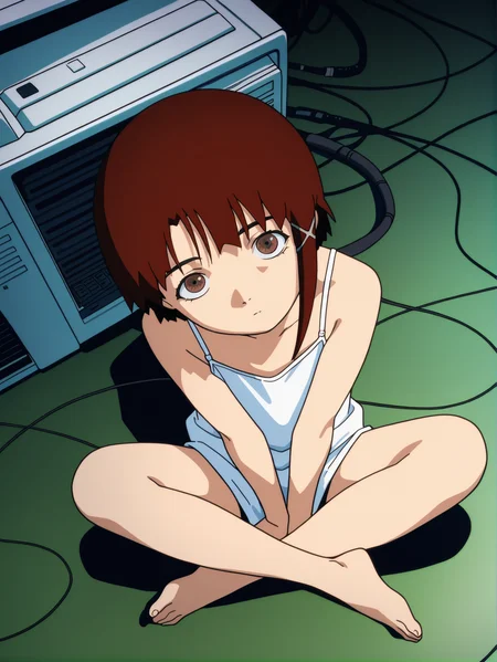masterpiece, best quality, amazing quality, absurdres, newest, dynamic_angle, defined facial features, anime coloring, anime screencap,
<lora:Lain_IL1.1v0:1> iwakura lain \(sel\), white camisole, sitting, on floor, computer, cable, full body, barefoot, ((open computer:1.5)), looking up at viewer, crossed legs, from above, head tilt,