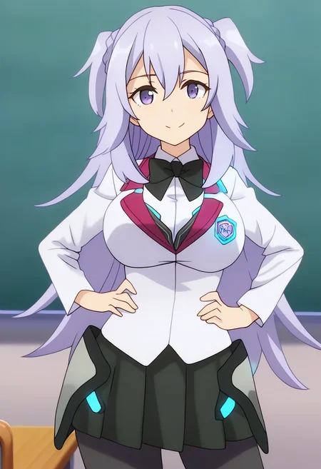 very awa, masterpiece, best quality, year 2024, newest, highres, absurdres, 1girl, purple eyes, long hair, purple hair, hair between eyes, two side up, sidelocks, large breasts, school uniform, blazer, button badge, collared shirt, black bowtie, black skirt, pleated skirt, hip armor, black pantyhose, smile, looking at viewer, cowboy shot, hands on hips, contrapposto, pose, classroom <lora:toudou-kirin-noob-v-v1:1>