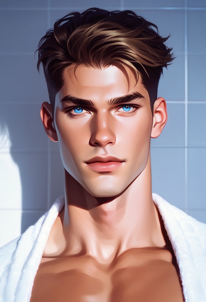 score_9,score_8_up,score_7_up, handsome 25 yo male model, blue eyes, bathroom, headshot