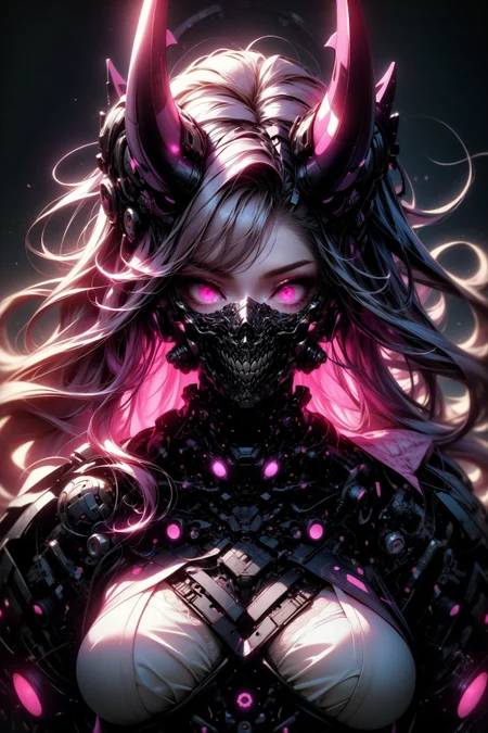(masterpiece, best quality, detailed, aesthetic, pastel colors, backlight), scifi, (futuristic), upper body, portrait, demon girl, (fuchsia theme), cyborg, mechanical neck, mechanical horns, mask, solid background, looking at viewer, glowing eyes, glow, <lora:Ghost_Mask_V2_Gold_Edition:0.8>