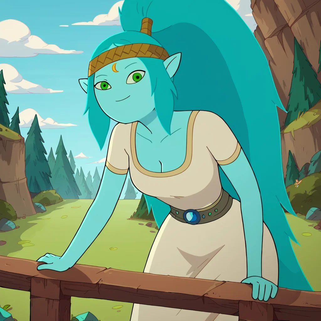 score_9, score_8_up, score_7_up, 1girl, Canyon, giant, giantess, colored skin, blue skin, long hair, ponytail, aqua hair, green eyes, pointy ears, leaning forward, medium breasts, cleavage, narrow waist, wide hips, looking at viewer, smile, highres, high quality, masterpiece, <lora:Canyon:1>
