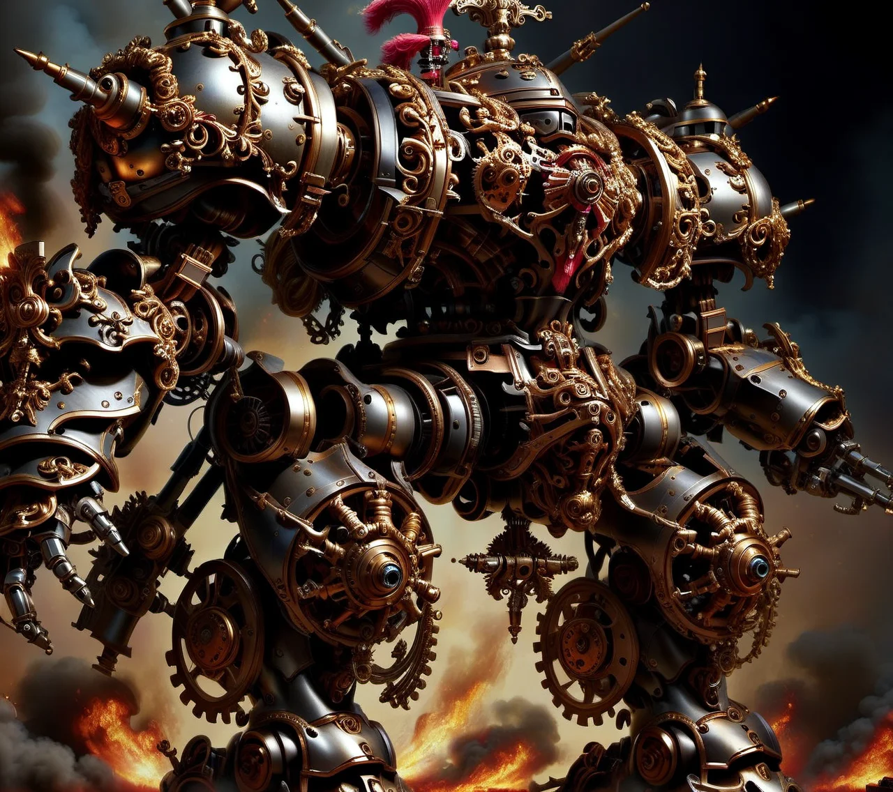 <lora:CulturePunkAI_2:.9>baroqueAI battle mech Highly detailed, amazing, Impressive lighting, vibrant colors, Ultra Realistic, High quality, Highly detailed, trending on artstation
